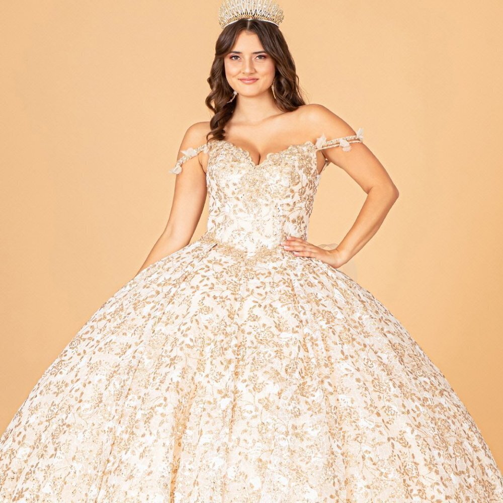 N/A NEW CHAMPAGNE DETACHABLE SLEEVES QUINCEANERA & RIBBON & RUFFLED TRAIN GL3072